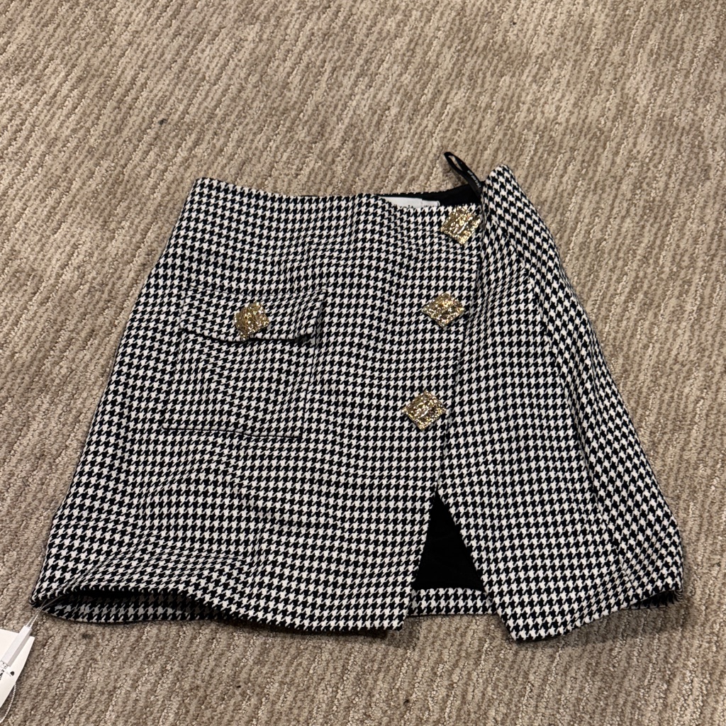Self-Portrait Black And White Houndstooth Mini Skirt With Gold Buttons